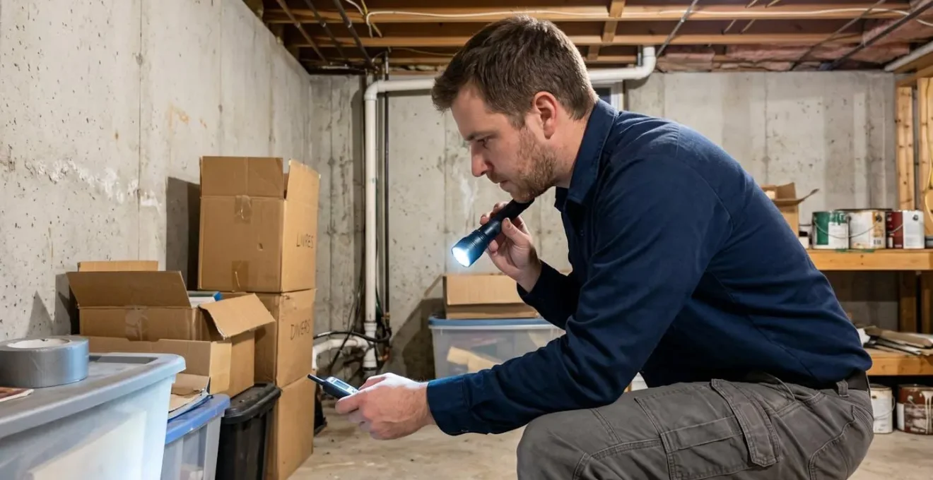 Un technicien en vêtements de travail sans logo visible inspecte de profil un coin sombre de sous-sol avec une lampe de poche dans un environnement résidentiel contemporain