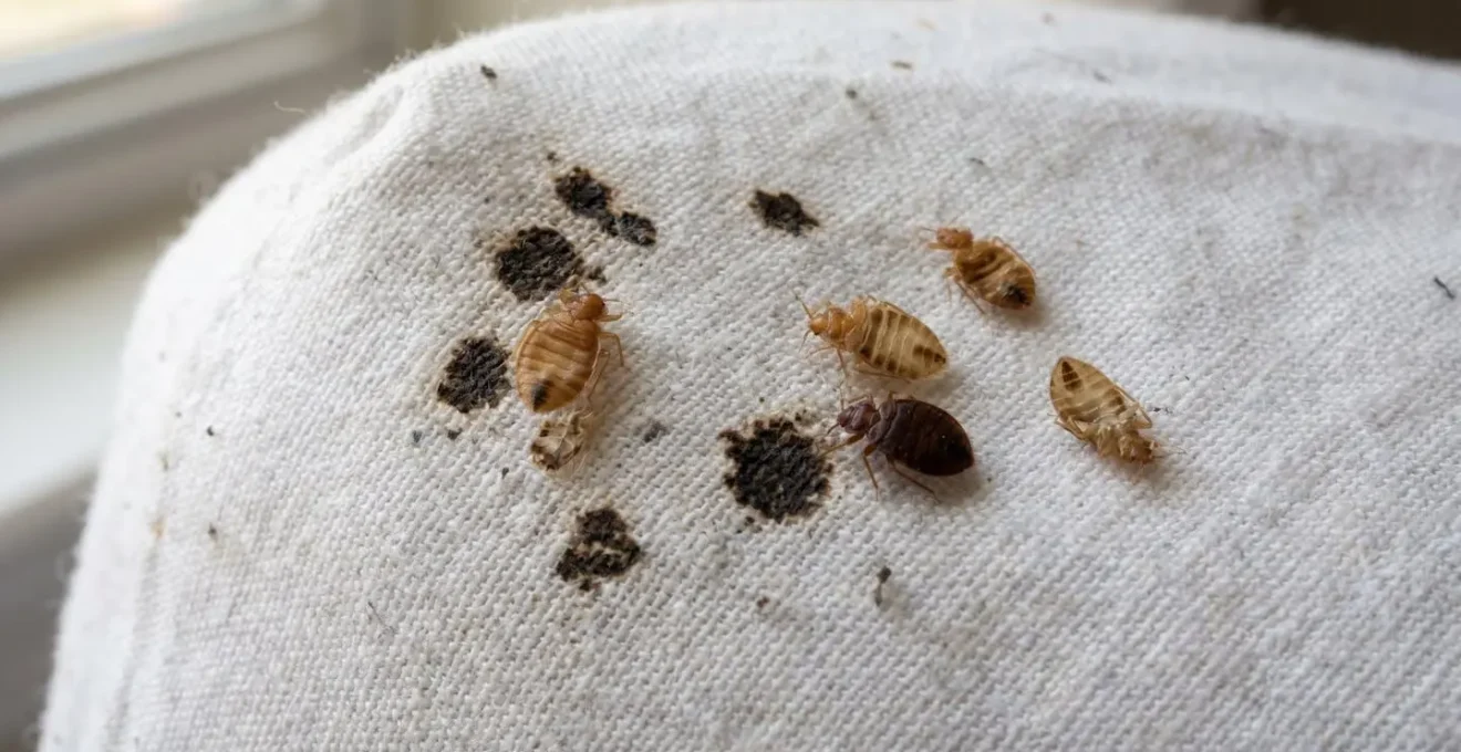 Gros plan sur des traces d'excréments foncés et des mues translucides d'insectes sur un coin de drap blanc