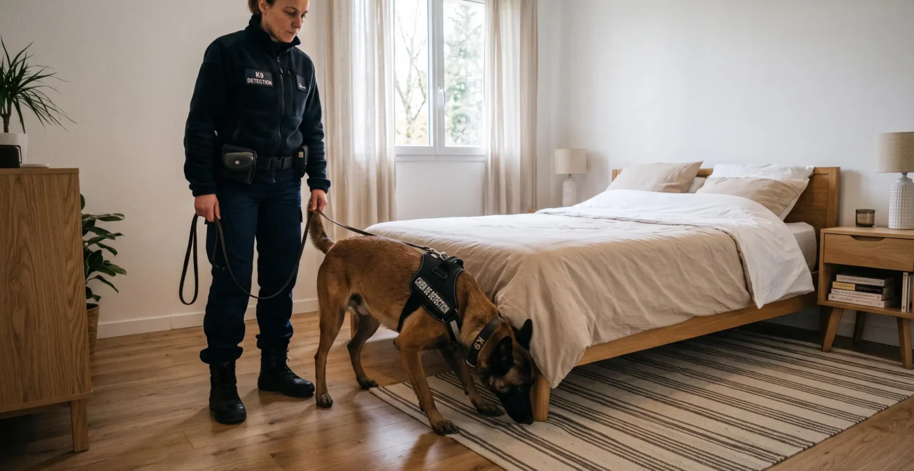 Chien de détection canine spécialisé inspectant une chambre avec son maître-chien professionnel pour localiser les punaises de lit