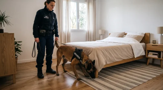 Chien de détection canine spécialisé inspectant une chambre avec son maître-chien professionnel pour localiser les punaises de lit
