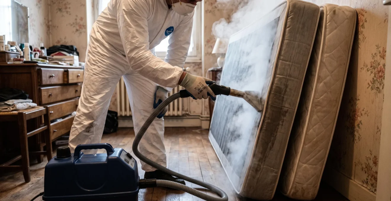 Technicien professionnel effectuant un traitement vapeur haute température sur matelas pour éliminer les punaises de lit
